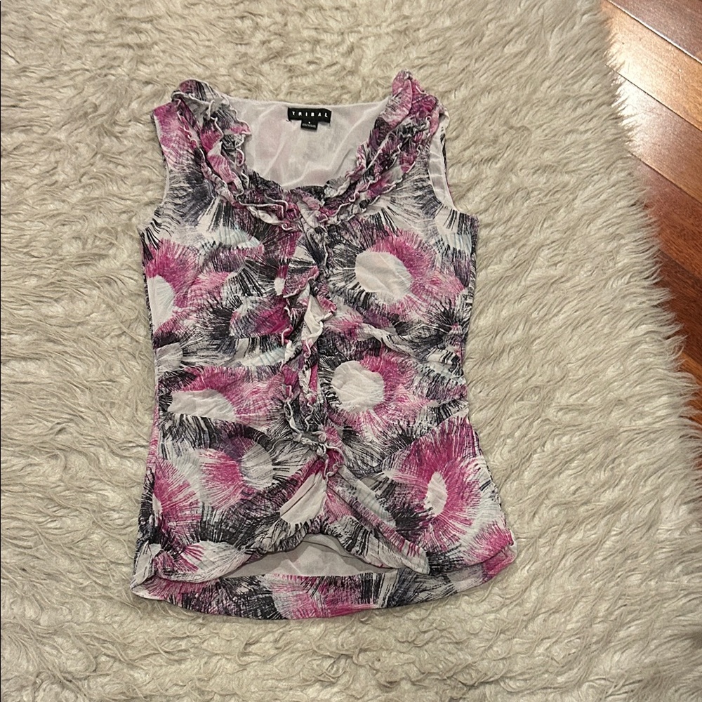 Tribal Black,‎ Gray, Pink Floral Ruffle Tank Top